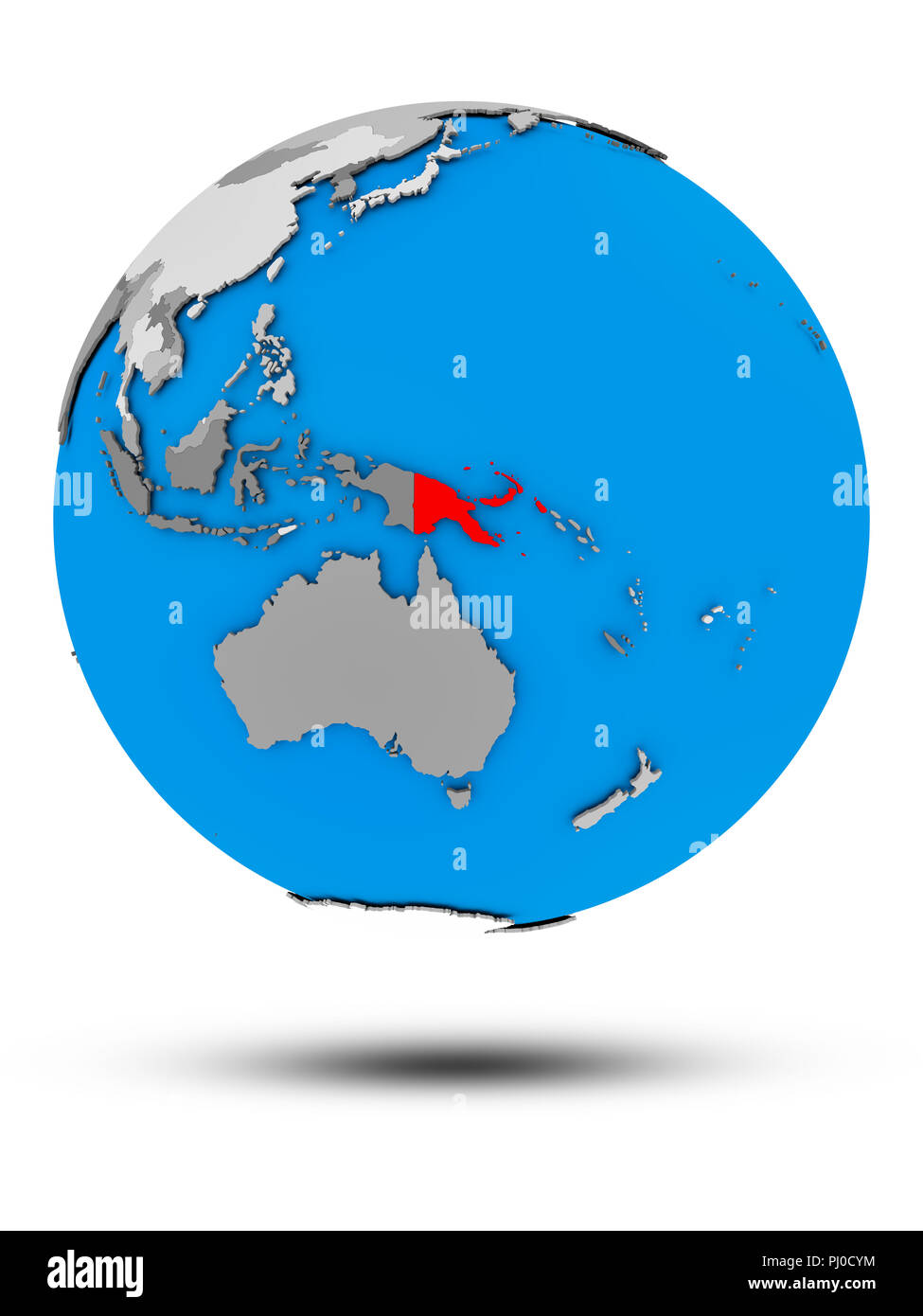 Papua New Guinea on political globe with shadow isolated on white ...