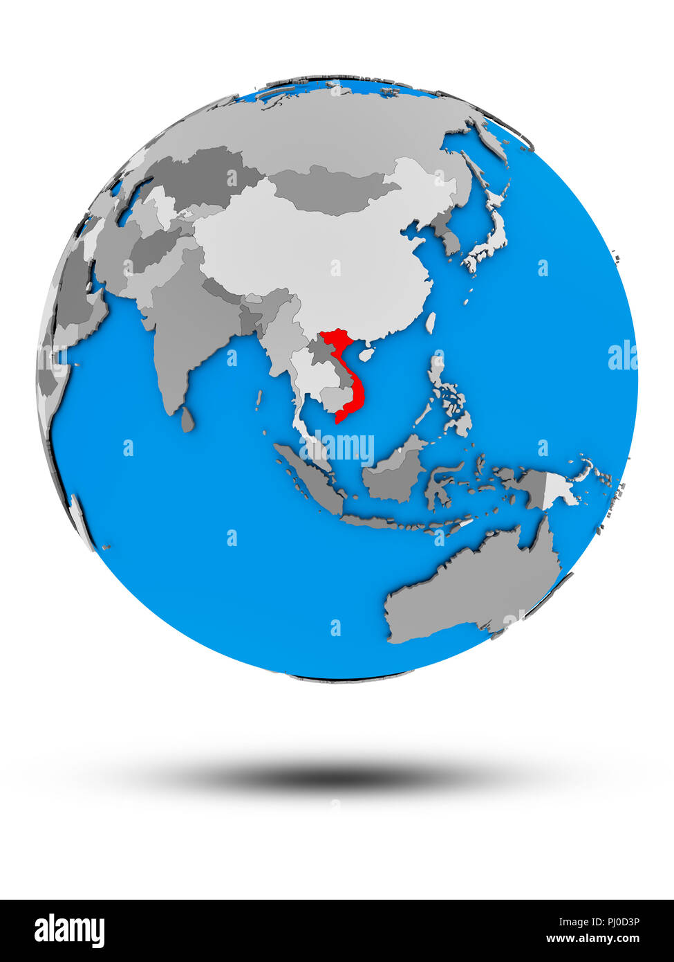 Vietnam on political globe with shadow isolated on white background. 3D ...