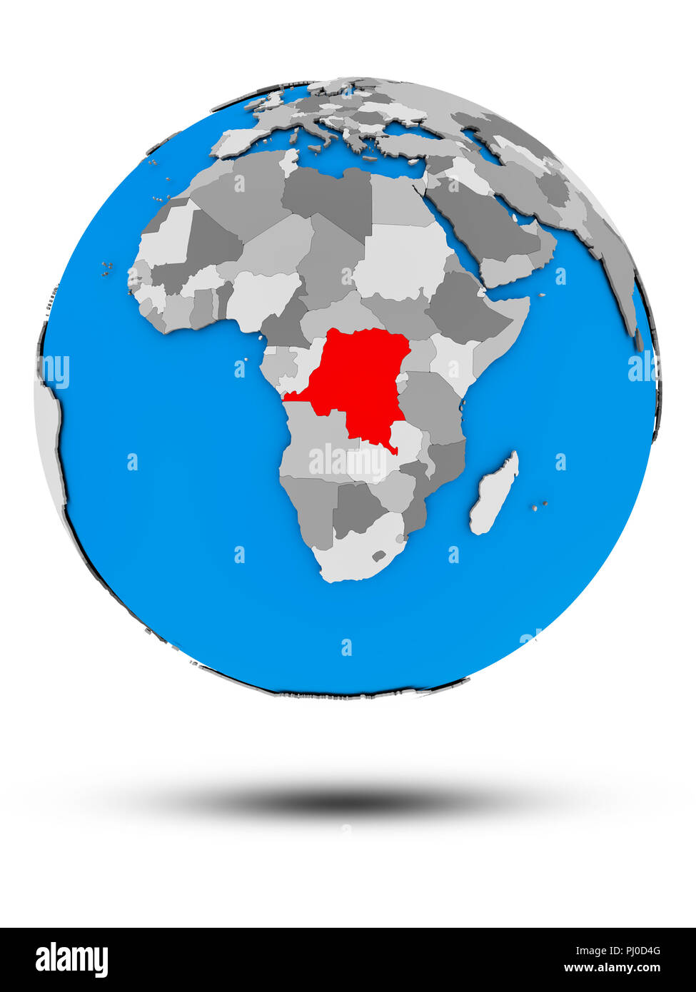 Democratic Republic of Congo on political globe with shadow isolated on ...