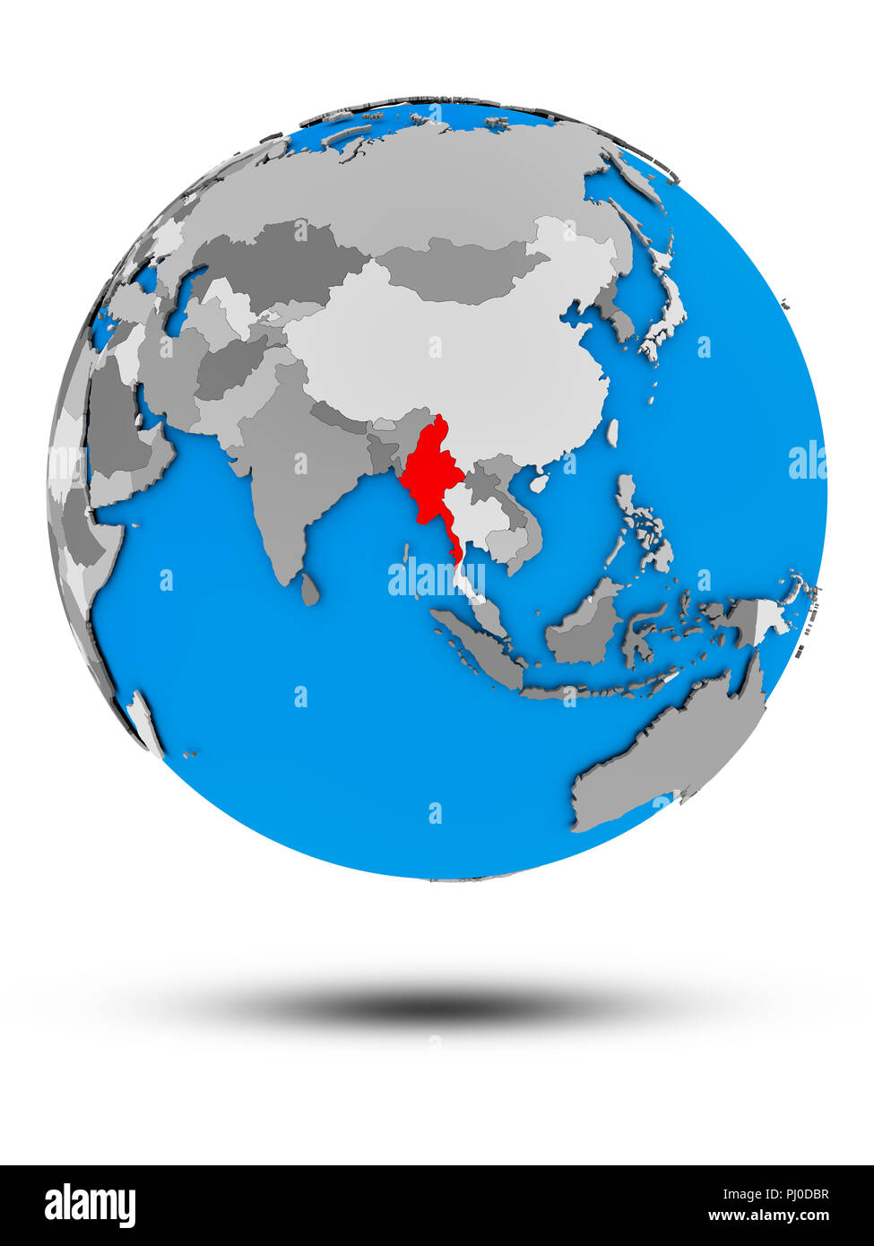 Myanmar on political globe with shadow isolated on white background. 3D ...