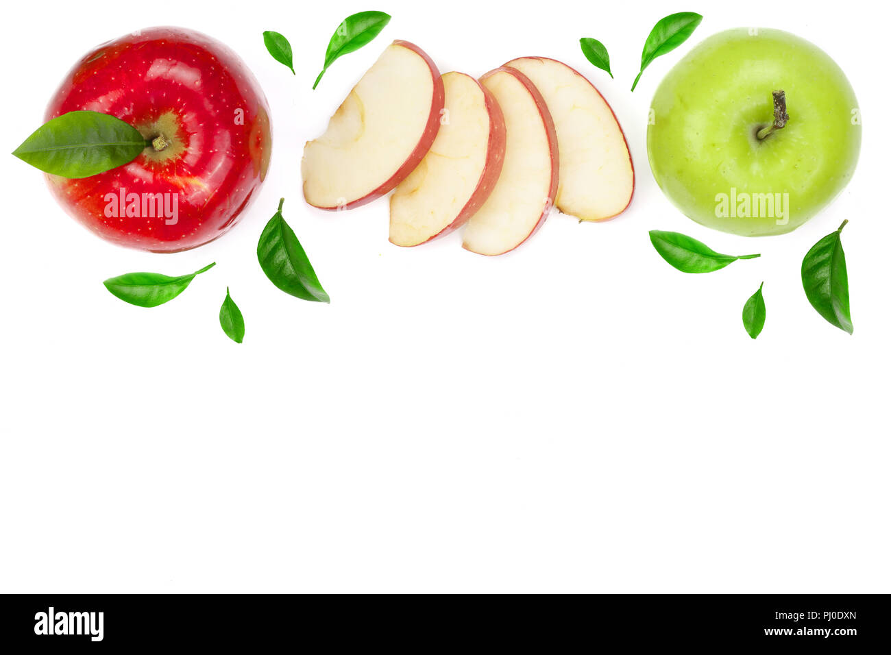 red and green apples with slices and leaves isolated on white background with copy space for your text, top view Stock Photo