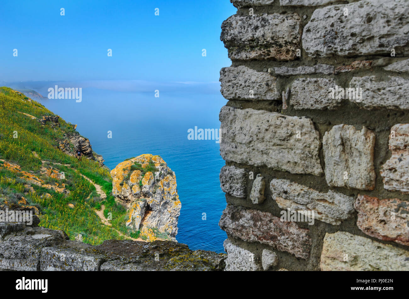 Cape Kaliakra, Bulgaria. One can see a stone in the shape of the head. Stock Photo