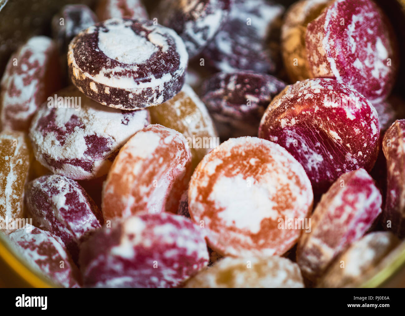 Colorful assortment of Old fashionned fruit flavored hard candy macro shot Stock Photo