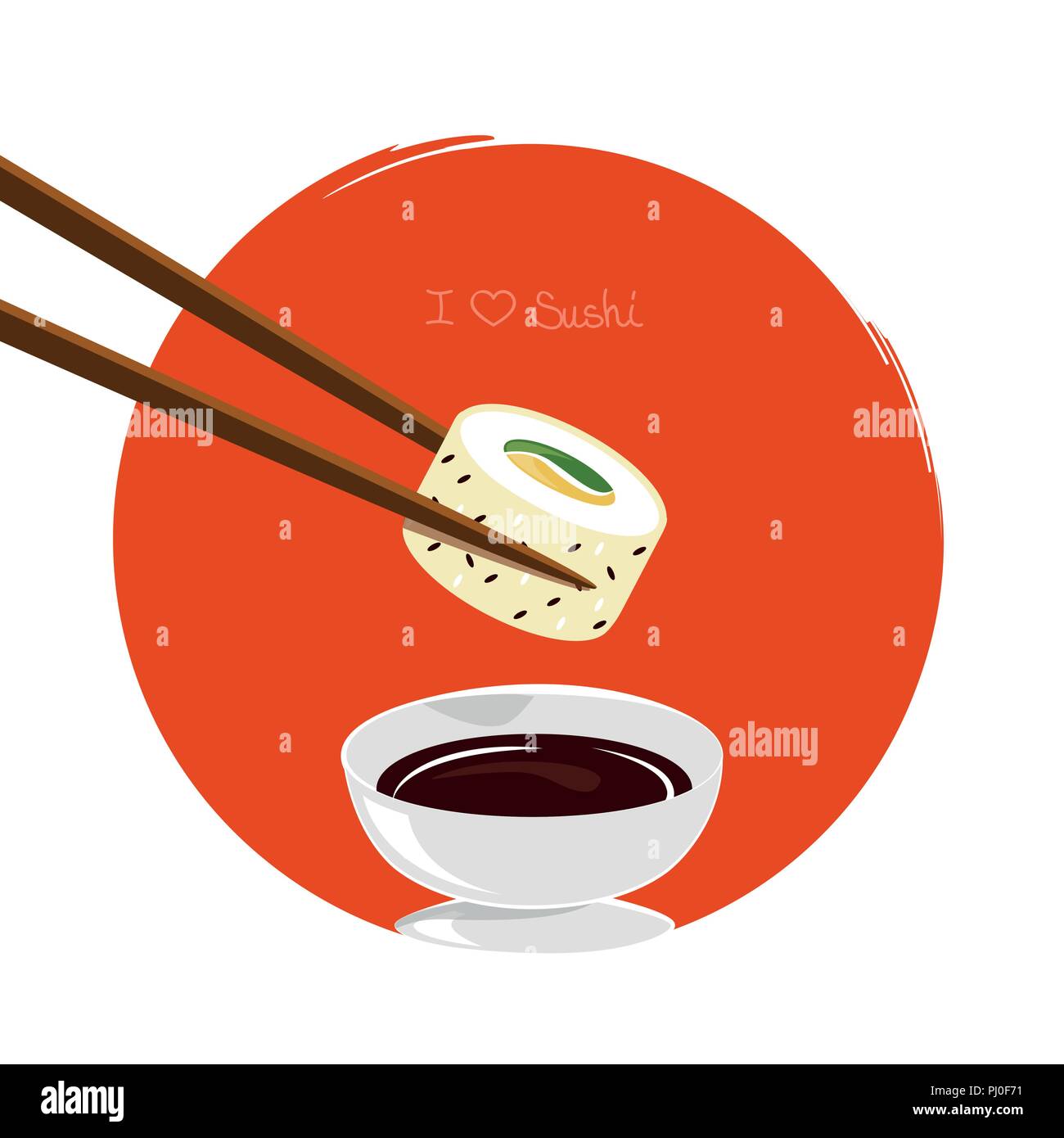 dipping sushi in soy sauce orange background vector illustration EPS10