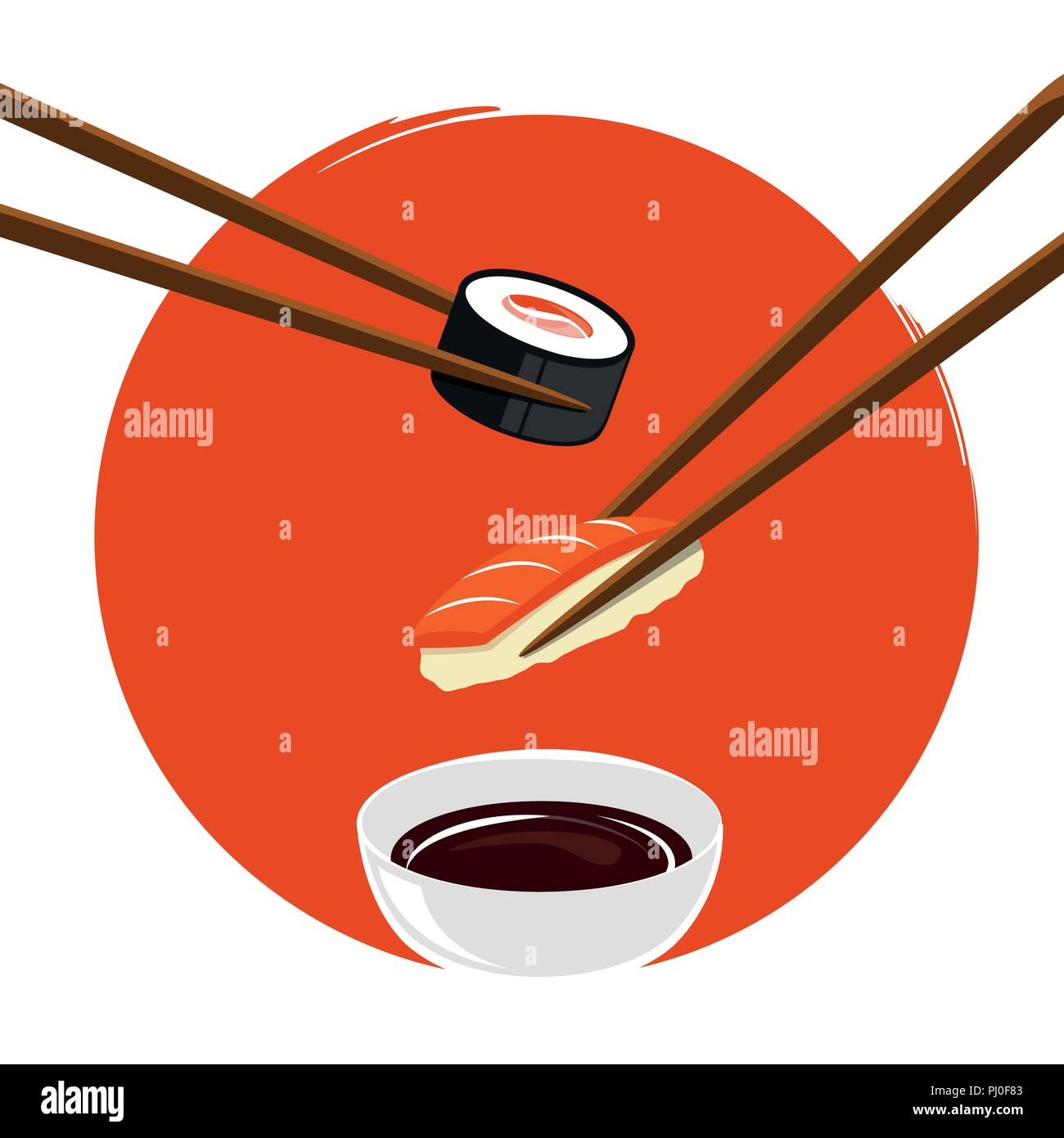 dipping sushi with salmon in soy sauce vector illustration EPS10 Stock Vector
