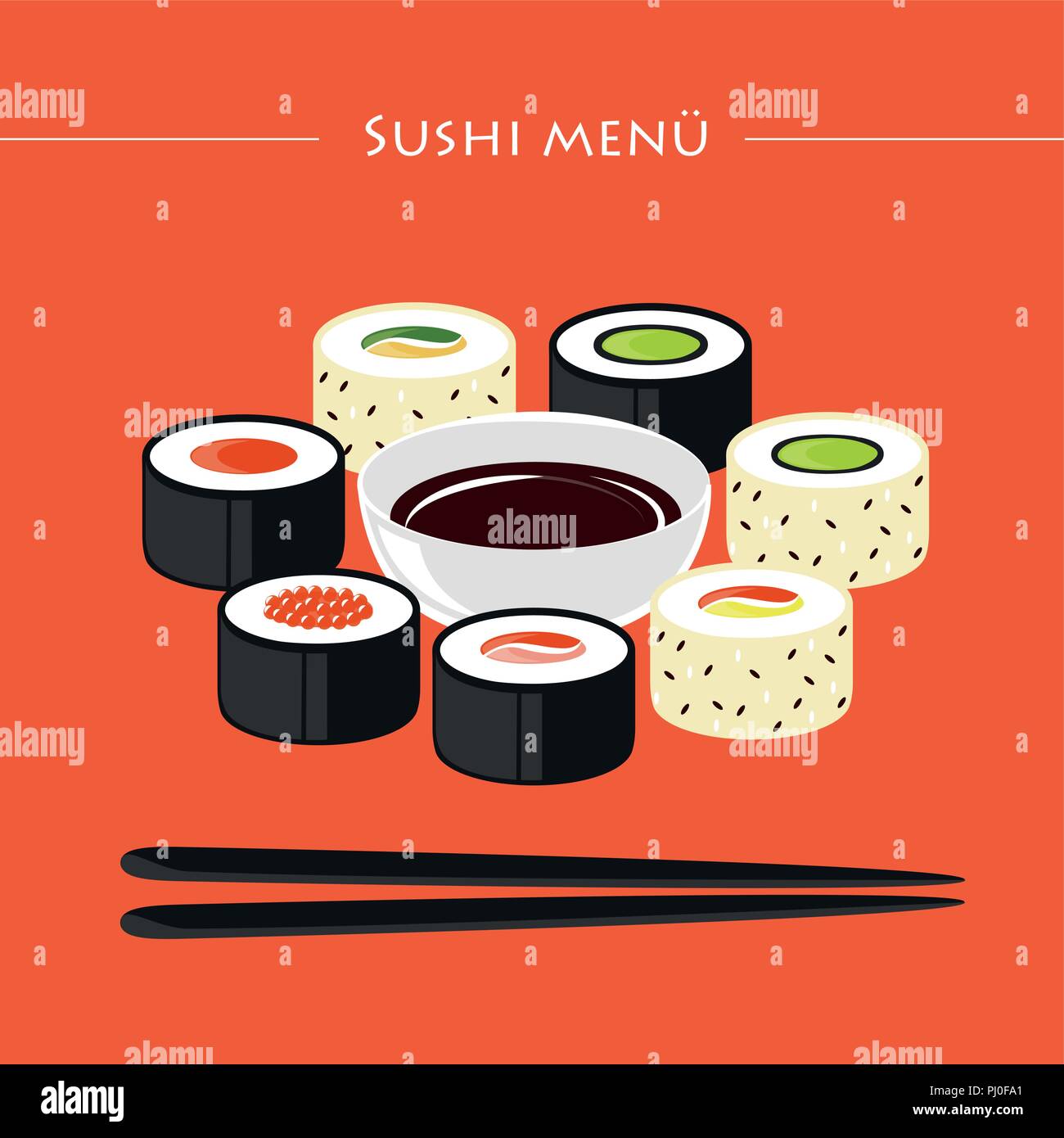 sushi menu set of different types with chopsticks and soy sauce vector illustration EPS10 Stock Vector