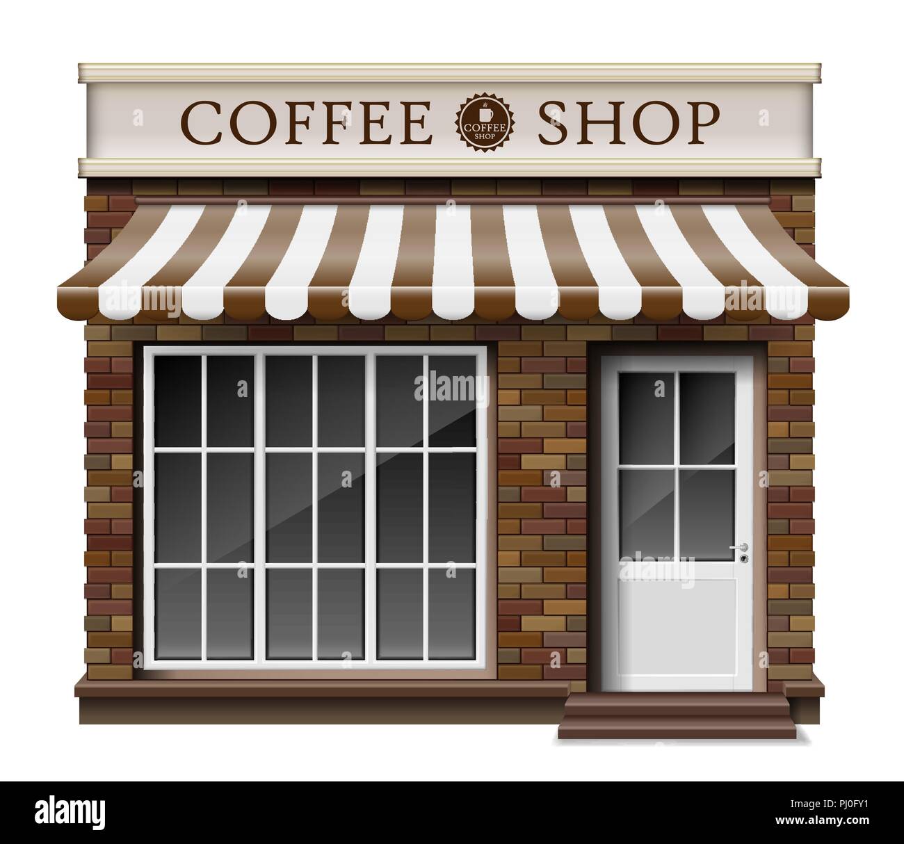 Exterior coffee boutique shop or cafe brick texture. Blank mockup of stylish realistic coffee street shop. Small 3d store front facade. vector illustration Stock Vector