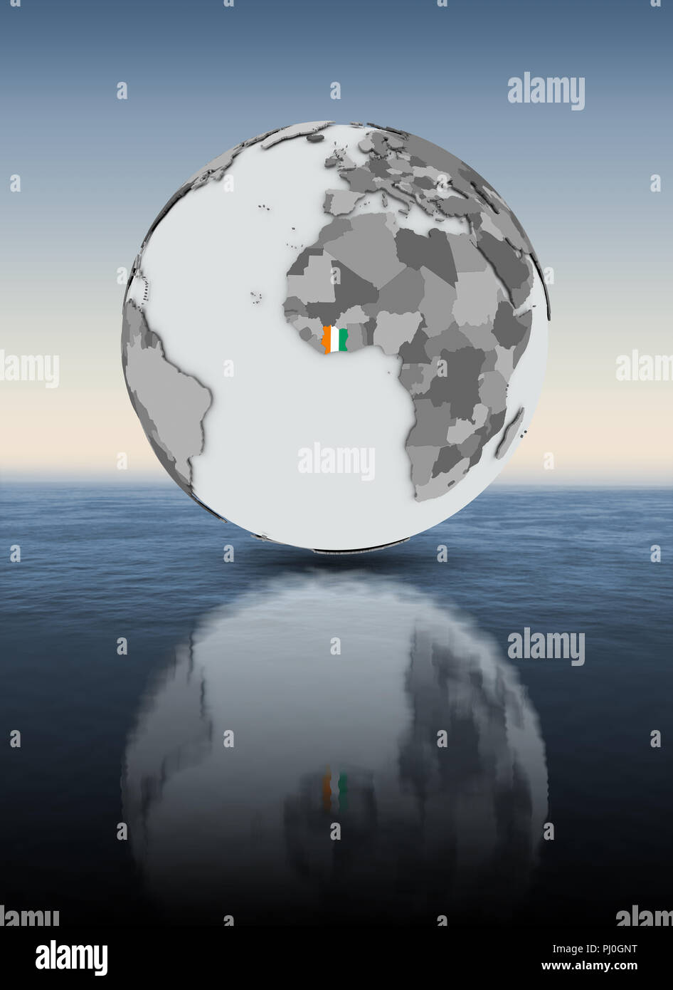 Ivory Coast with flag on globe above water. 3D illustration Stock Photo ...