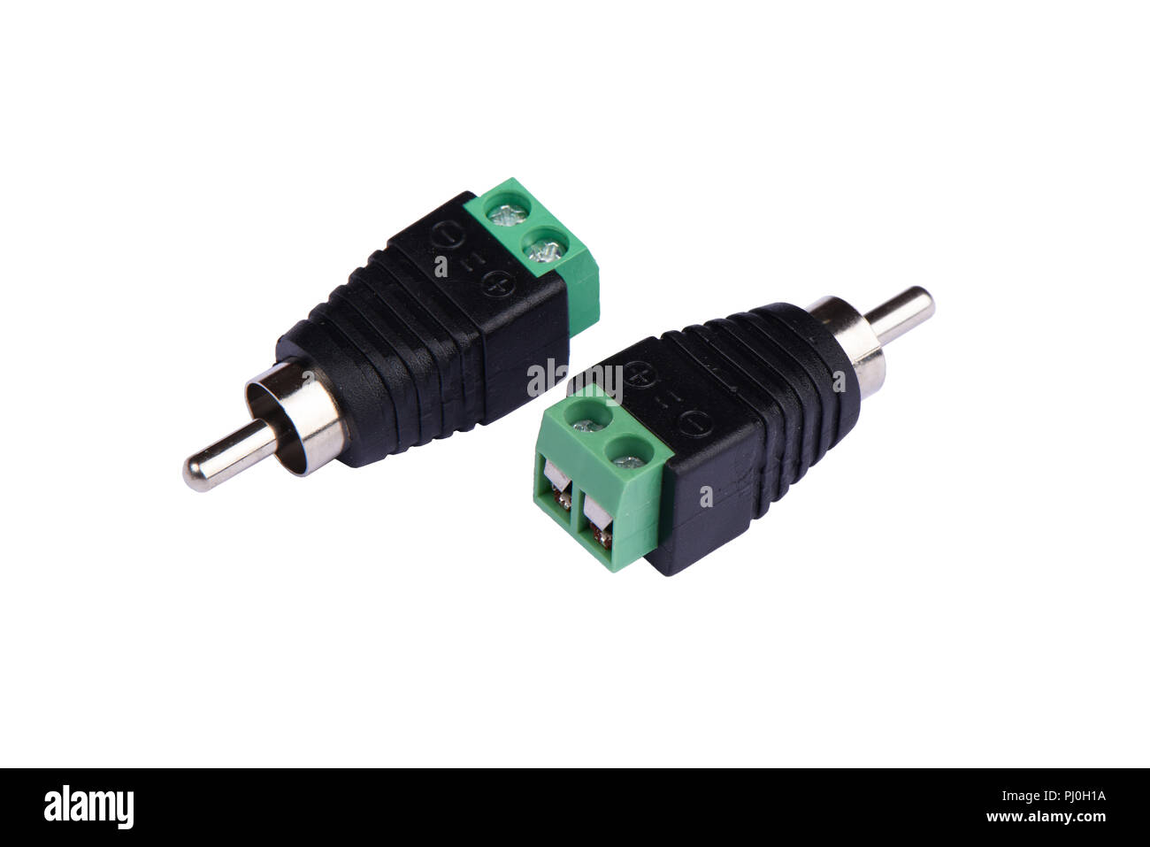 An adapter that converts the terminal for speaker wire into an RCA type Stock Photo Alamy