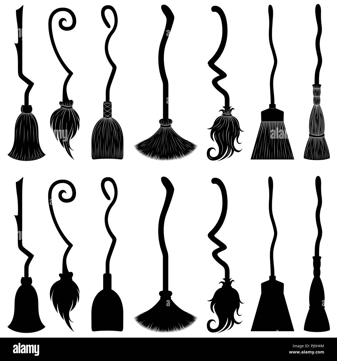 Set of different witch brooms isolated on white Stock Photo