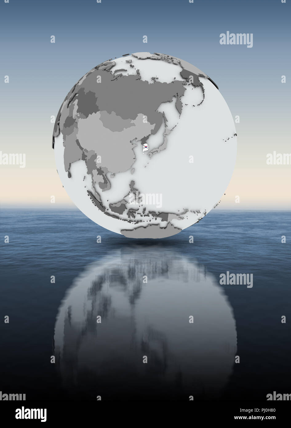 South Korea with flag on globe above water. 3D illustration Stock Photo ...