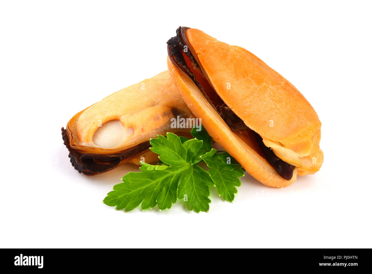 two mussel with parsley leaf isolated on white background Stock Photo ...