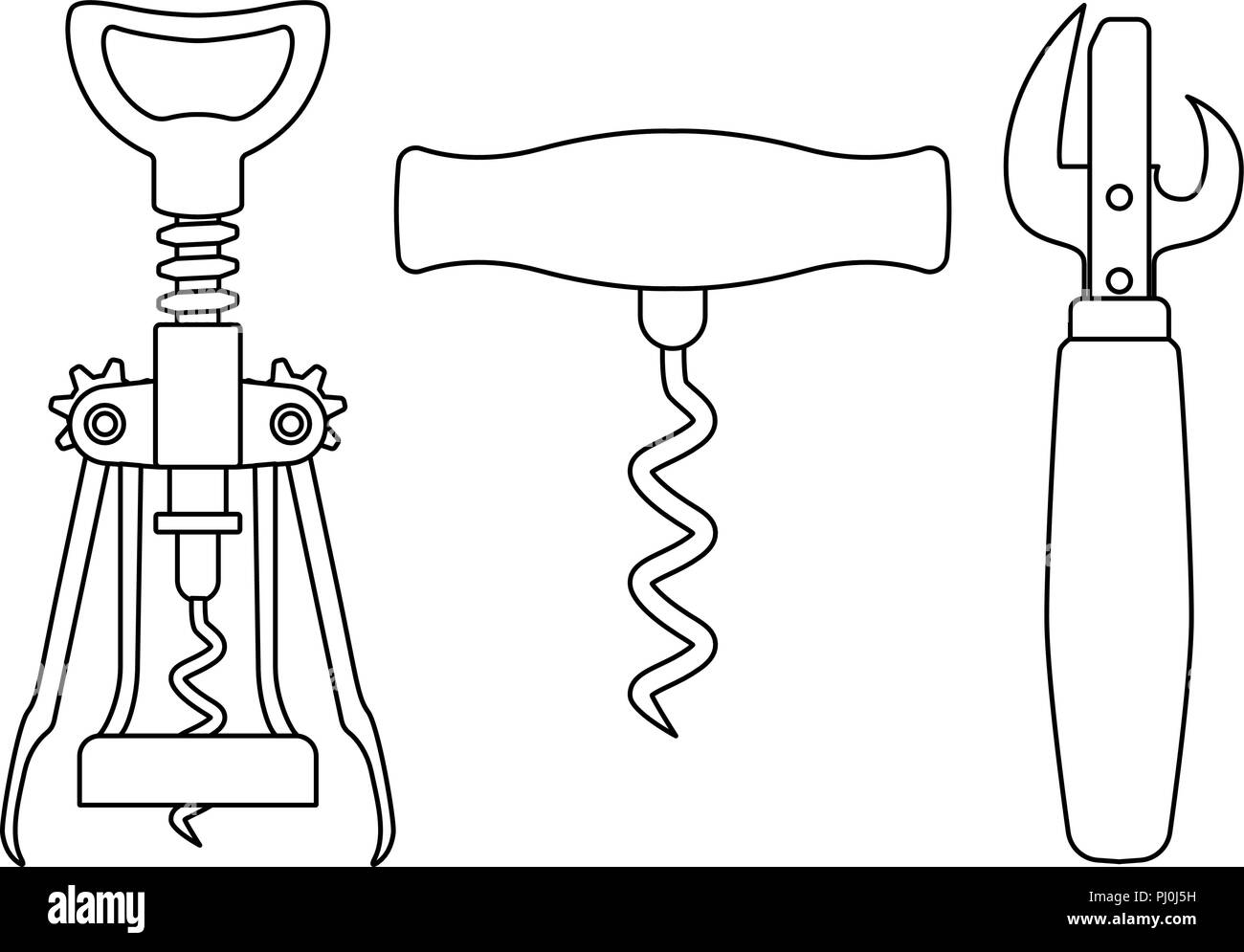 Corkscrews and can opener. Outline drawing Stock Vector