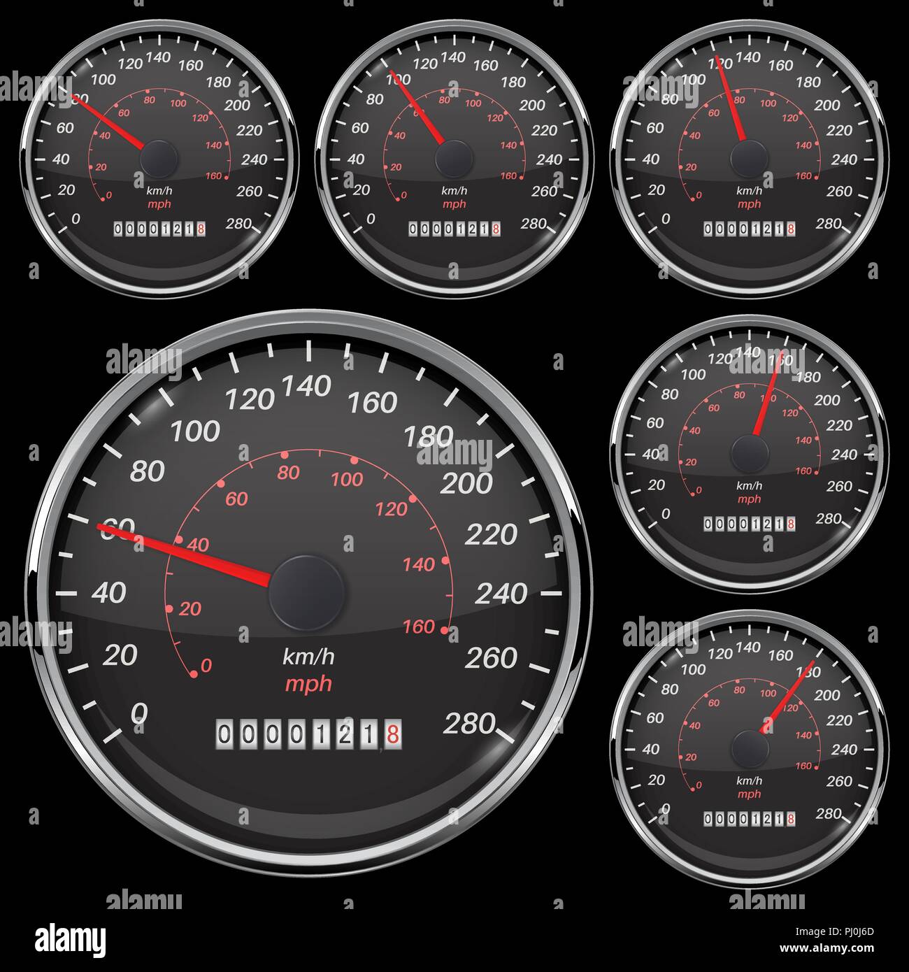 Speedometer set. Black speed gauge with metal frame on black background Stock Vector