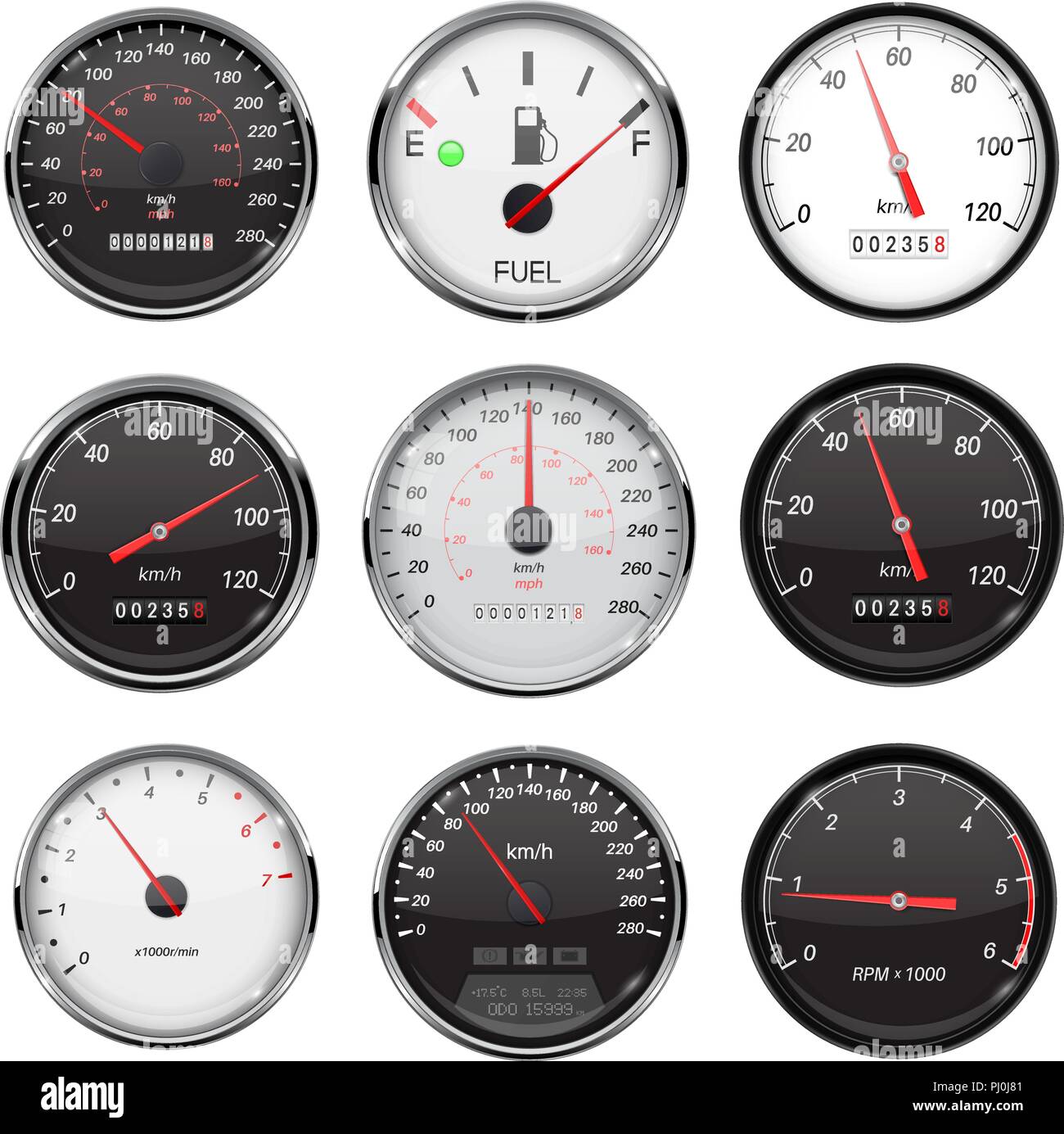 Car dashboard gauges. With metal frame. Collection of speed, fuel