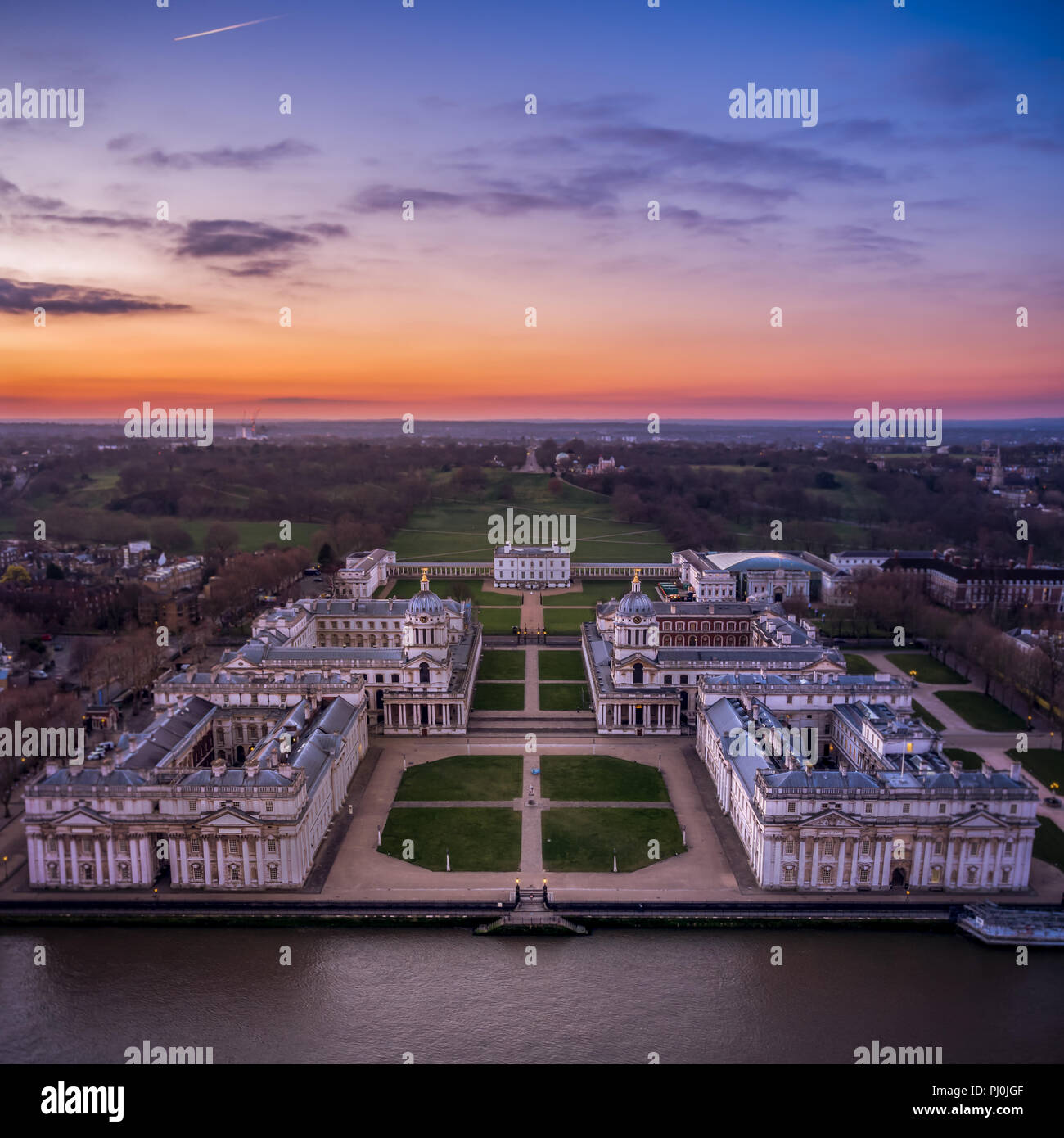 Drone aerial view at dawn of  University of Greenwich building in Greenwich, London SE10, UK Stock Photo