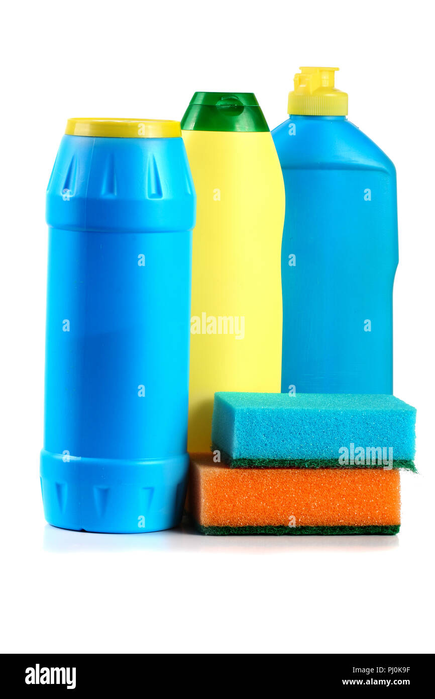 dishwashing detergent with sponge isolated on white background Stock