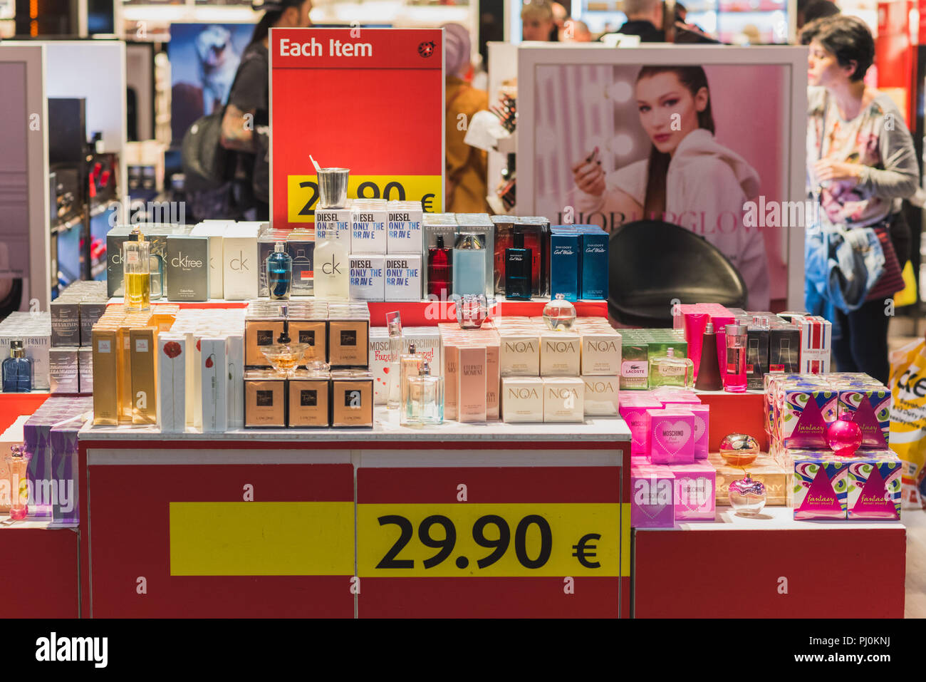 a stand each item for 29 90 euro with perfume of different brands in a duty free shop at istanbul ataturk airport istanbul turkey stock photo alamy