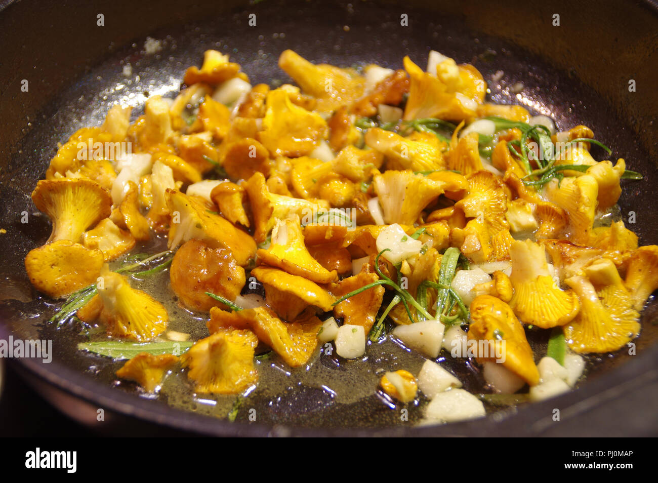 The fried chanterelle mushrooms with onion and rosemary. Vegetarian