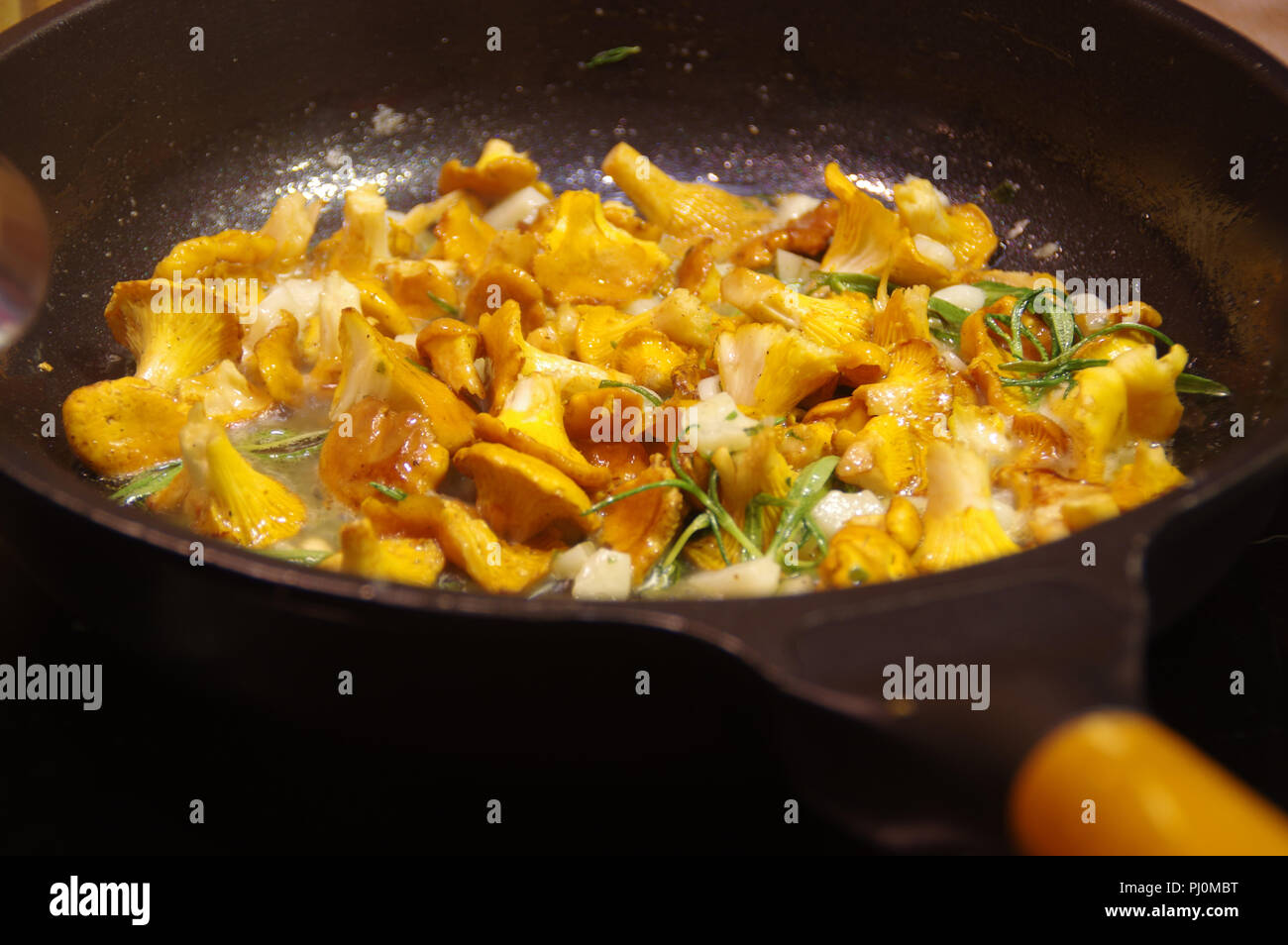 The fried chanterelle mushrooms with onion and rosemary. Vegetarian