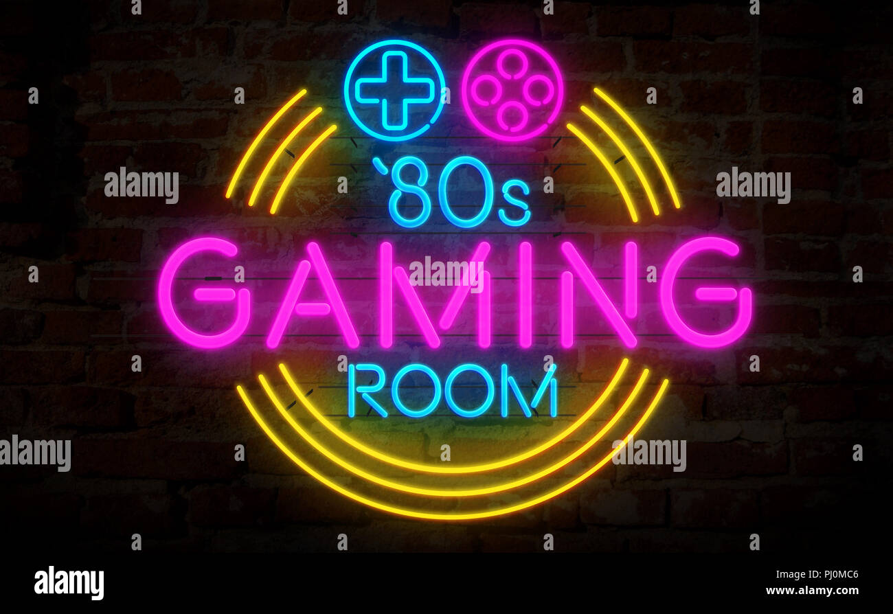 Gaming room '80s retro neon 3d illustration. Electric symbol and lettering on bricks wall background. Vintage game concept. Stock Photo