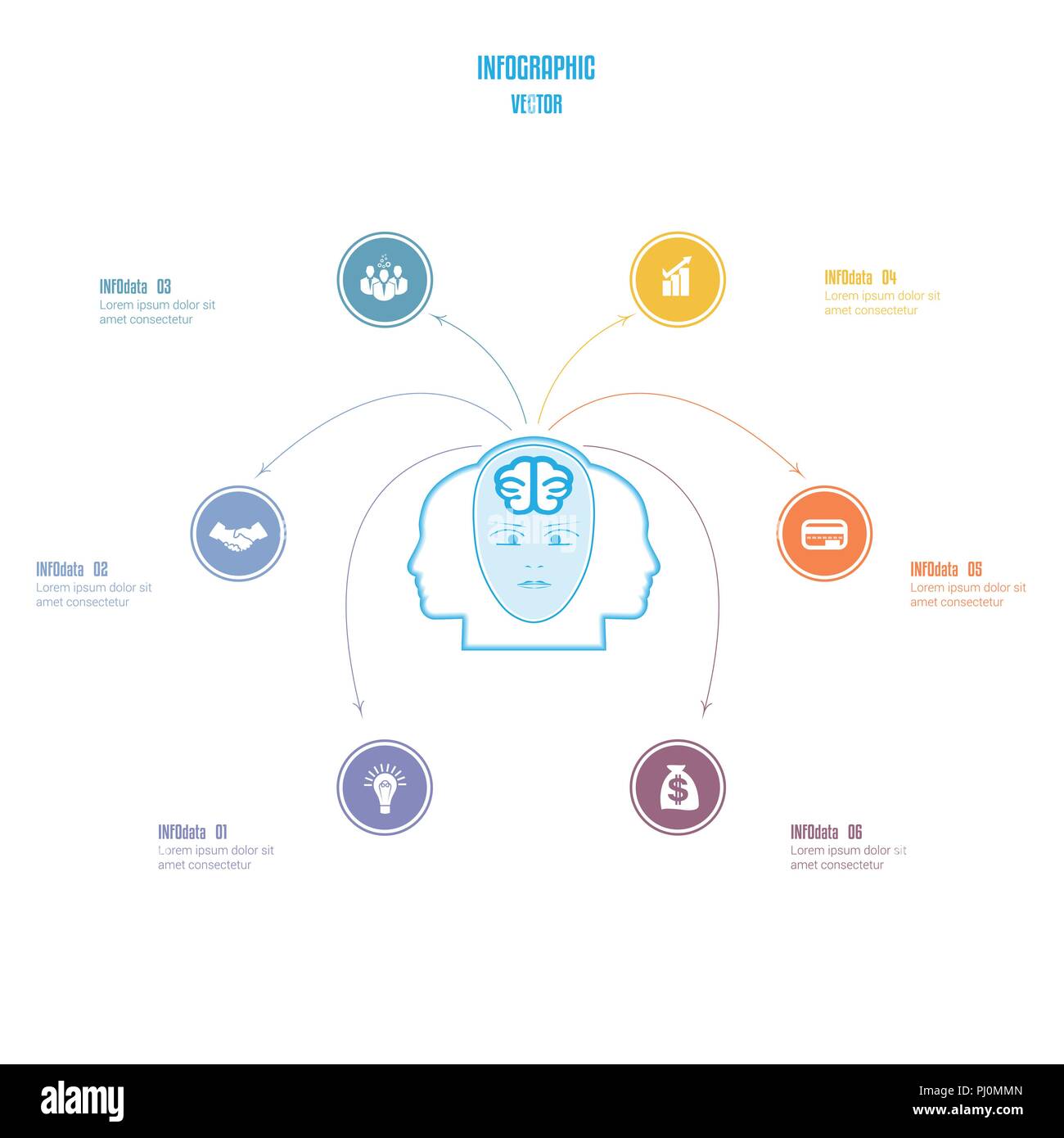 Elements for template. Brain storm infographics business concept for 6 options, parts, or processes. Arrows from head of the person, a place for the t Stock Vector