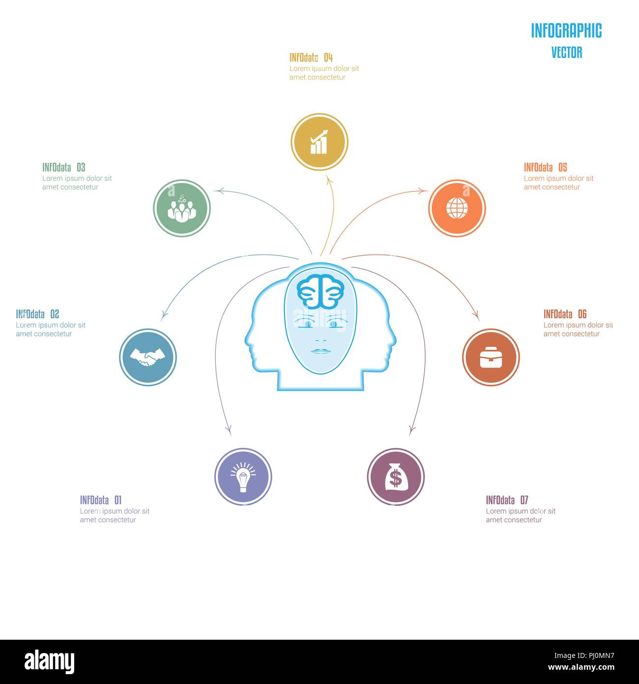 Elements for template. Brain storm infographics business concept for 7 options, parts, or processes. Arrows from head of the person, a place for the t Stock Vector
