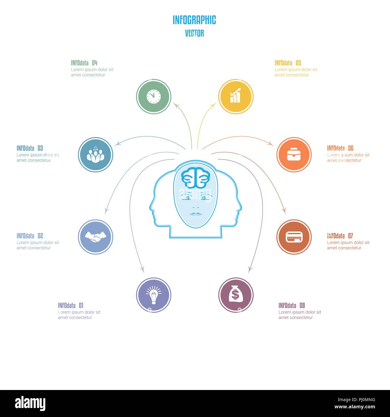 Elements for template. Brain storm infographics business concept for 8 options, parts, or processes. Arrows from head of the person, a place for the t Stock Vector