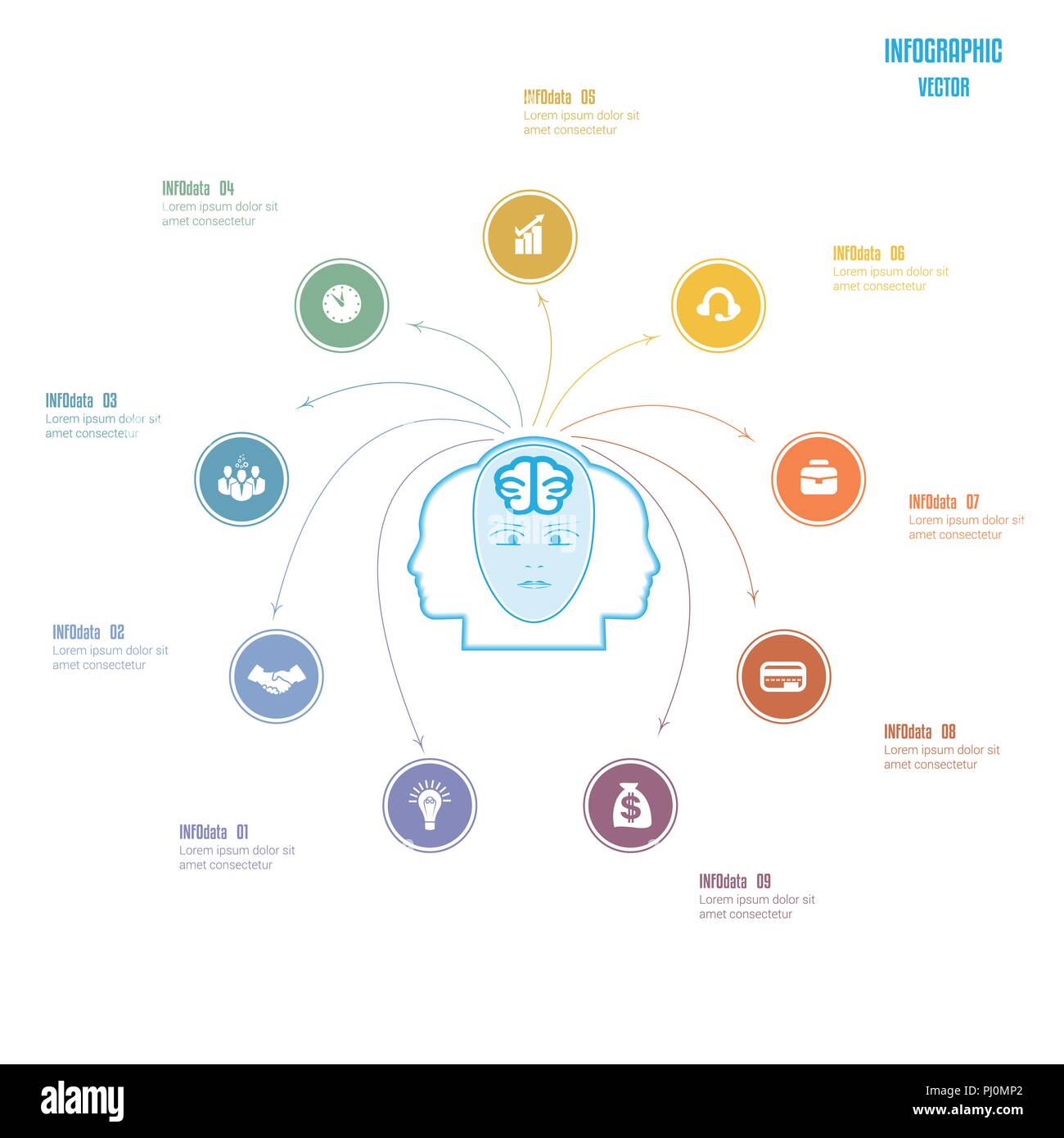 Elements for template. Brain storm infographics business concept for 9 options, parts, or processes. Arrows from head of the person, a place for the t Stock Vector