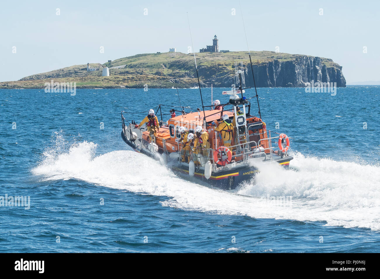 RNLI Lifeboat "Kingdom of Fife" on an emergency call out from Anstruther Lifeboat Station, Fife, Scotland to an injured visitor on the Isle of May Stock Photo