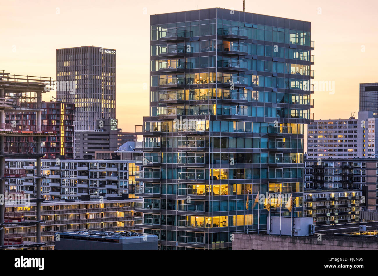 Rotterdam, The Netherlands, August 31, 2018: the B'tower residential building by architect Wiel Arets (2012) with its transparent glass facades at dus Stock Photo