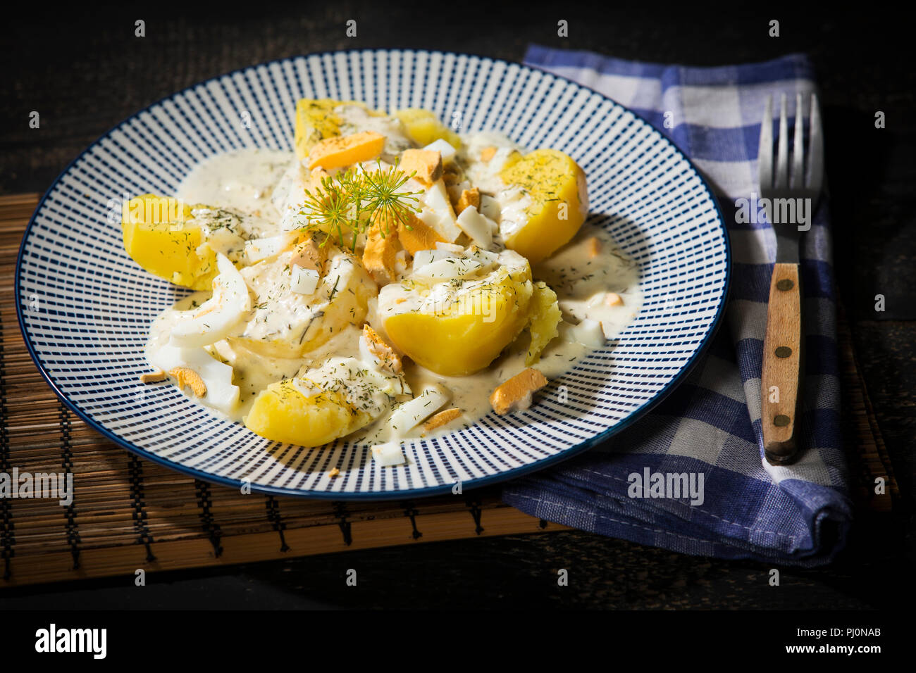 Dillkartoffeln, gekochte Kartoffeln, Dill-Rahm-Sauce und gekochte Eier Stock Photo