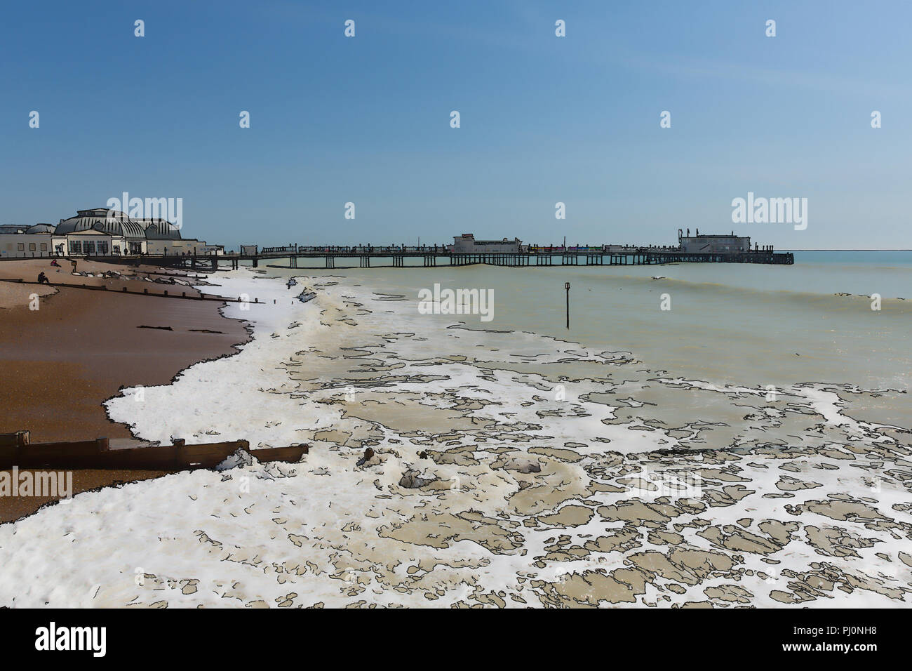 Worthing West Sussex beach and pier England UK illustration Stock Photo