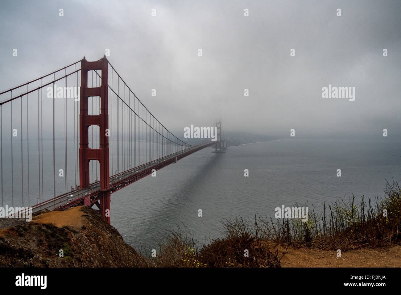 The Golden Gate suspension bridge on a foggy day, San Francisco, California, USA. Stock Photo