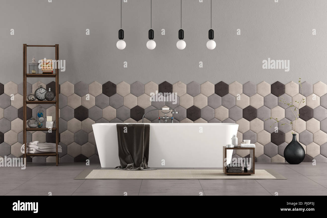 Bathroom with modern bathtub , hexagonal tiles and decor objets - 3d rendering Stock Photo