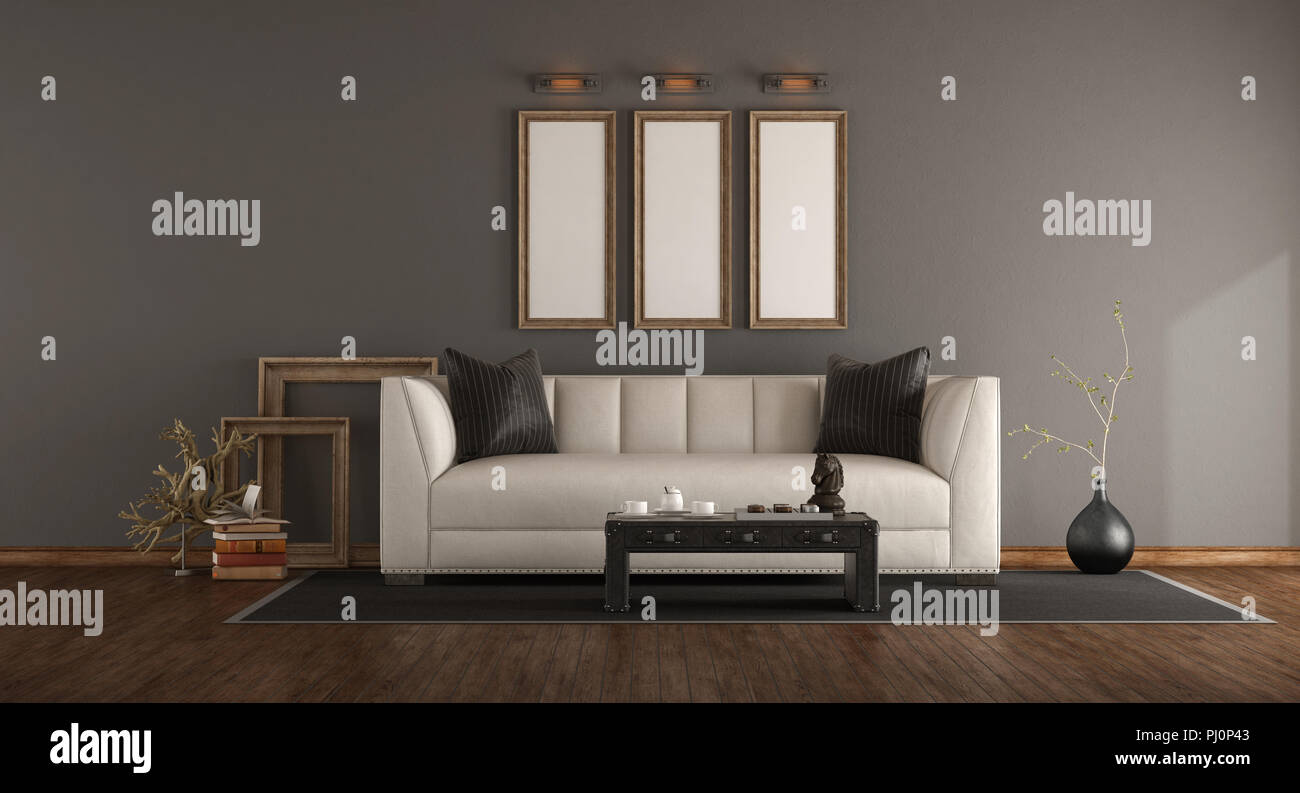 Elegant living room with white sofa,leather coffee table and decor objects - 3d rendering Stock Photo