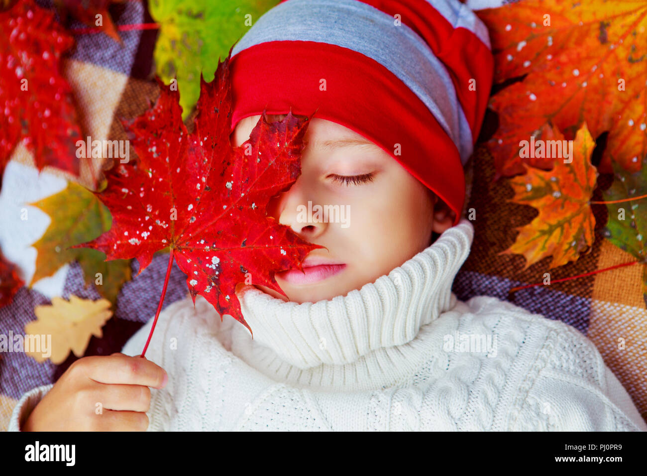 happy cute boy in the autumn park with green grass and yellow leaves ...