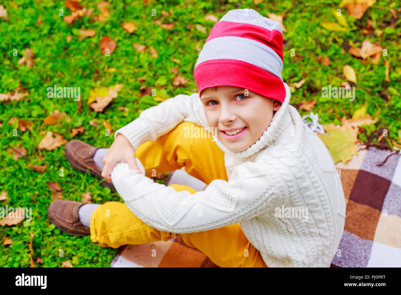 happy cute boy in the autumn park with green grass and yellow leaves ...