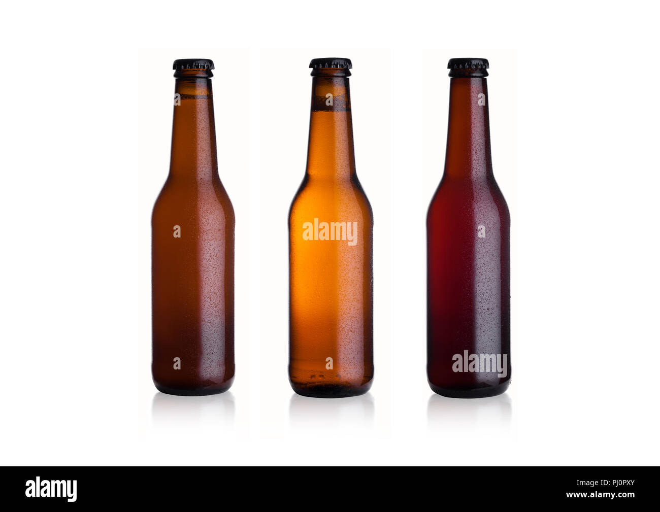 Brown glass beer bottles with black cap on white background with