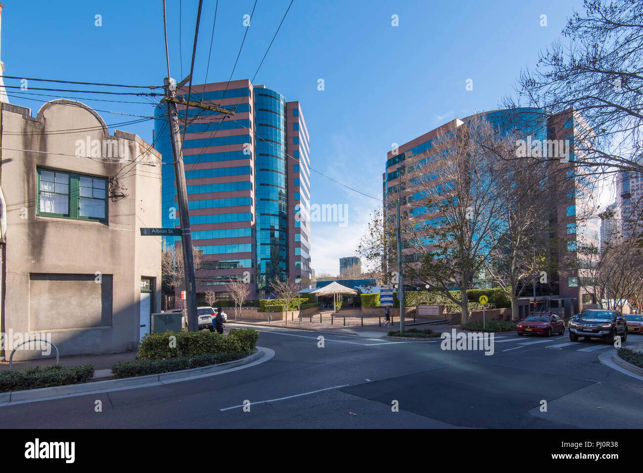 The corner of Mary and Albion Streets Surry Hills and the glass towers of Centennial Plaza, three towers mostly occupied by government departments. Stock Photo