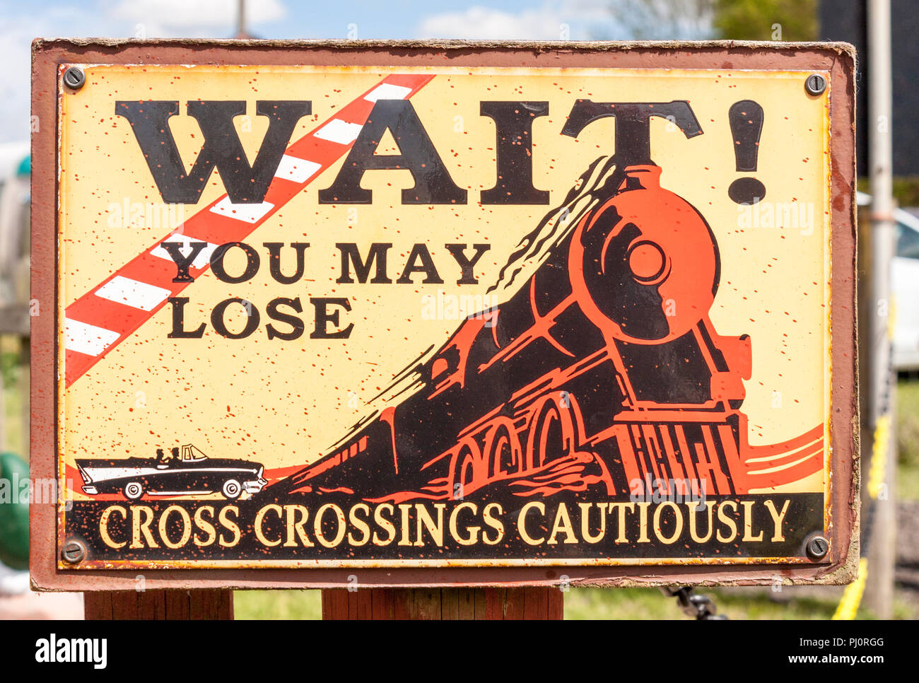 Metal plated railway safety sign. Reproduction of sign originally 1920s by the American Railway Association, ARA. Stock Photo