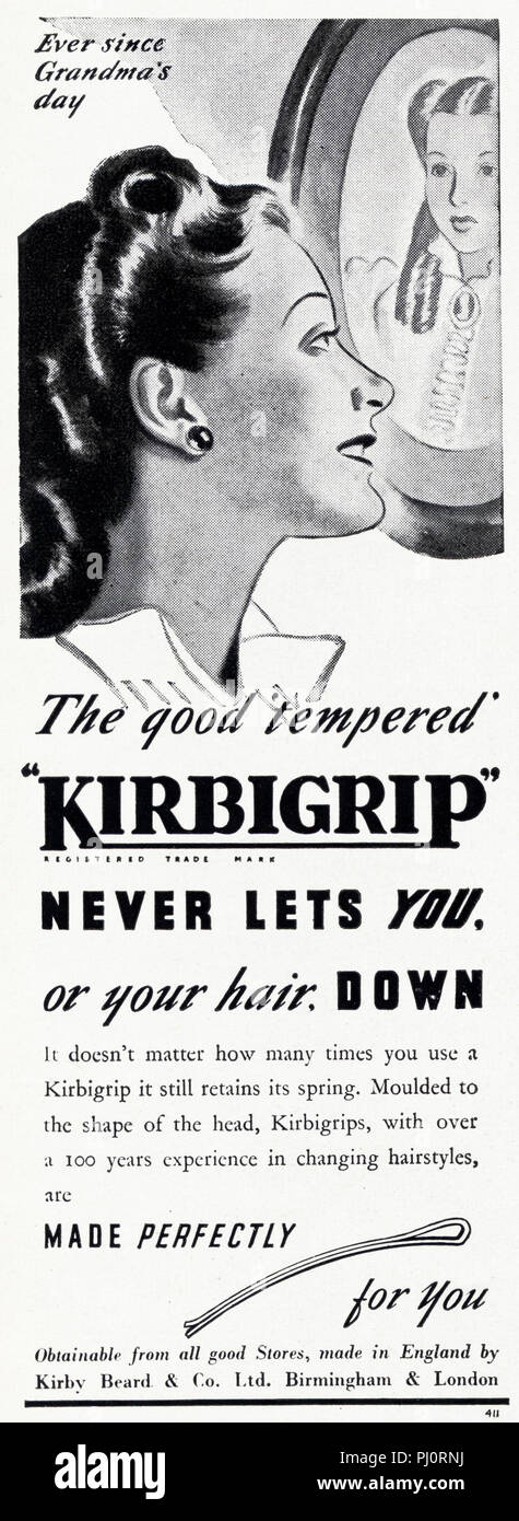 1940s old vintage original advert advertising ladies hair grips by Kirbigrip of Birmingham England UK in English magazine circa 1947 Stock Photo - Alamy