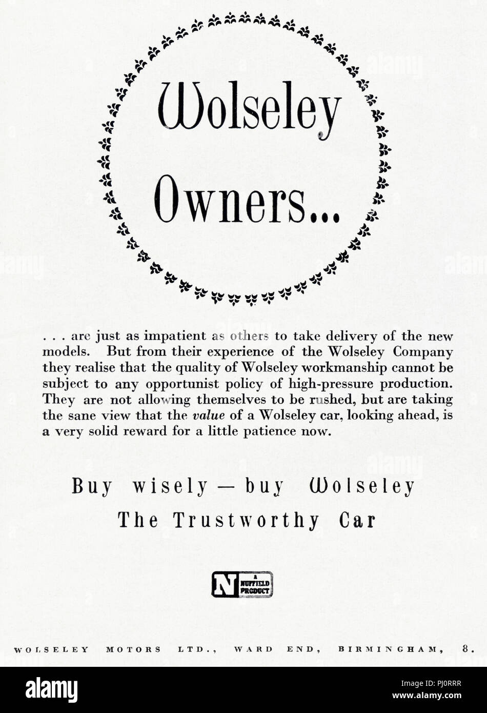 1940s old vintage original advert advertising new cars by Wolseley of Birmingham England UK in English magazine circa 1947 Stock Photo