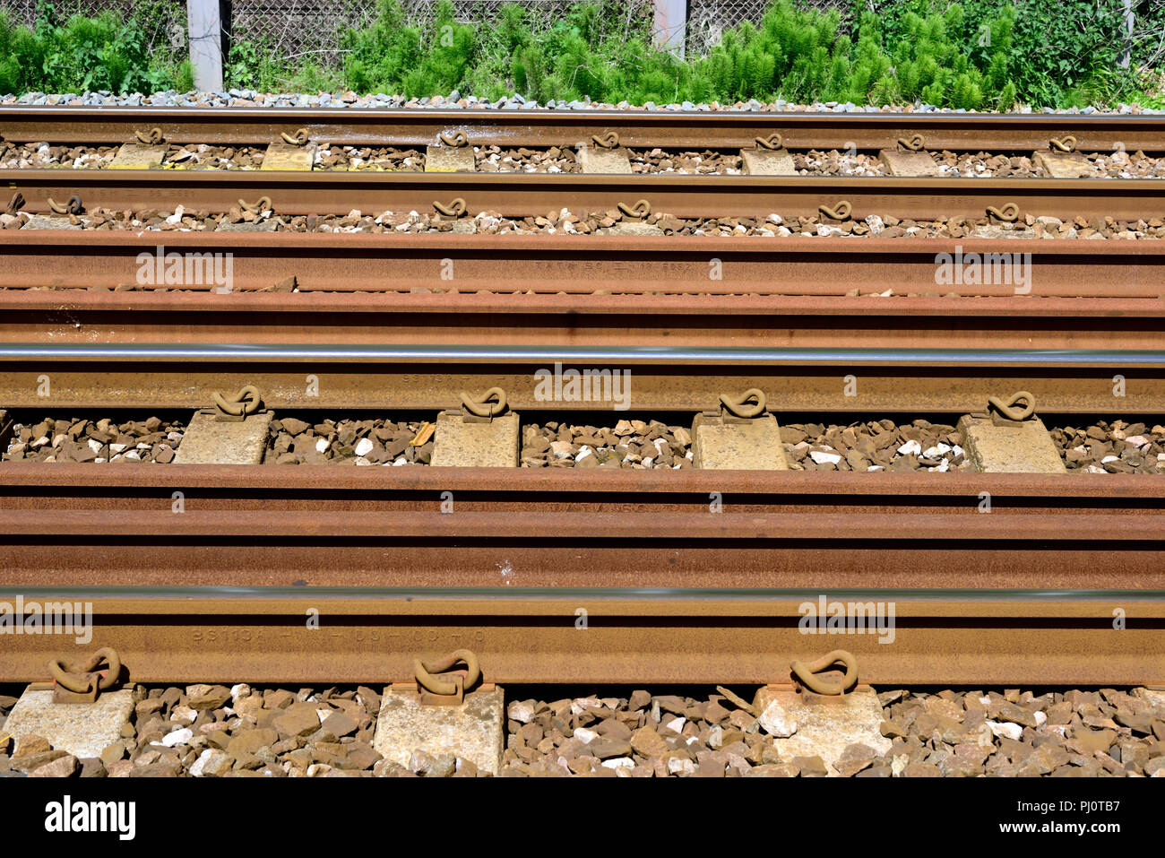 Spare long-welded rails stored between the running lines. Stock Photo