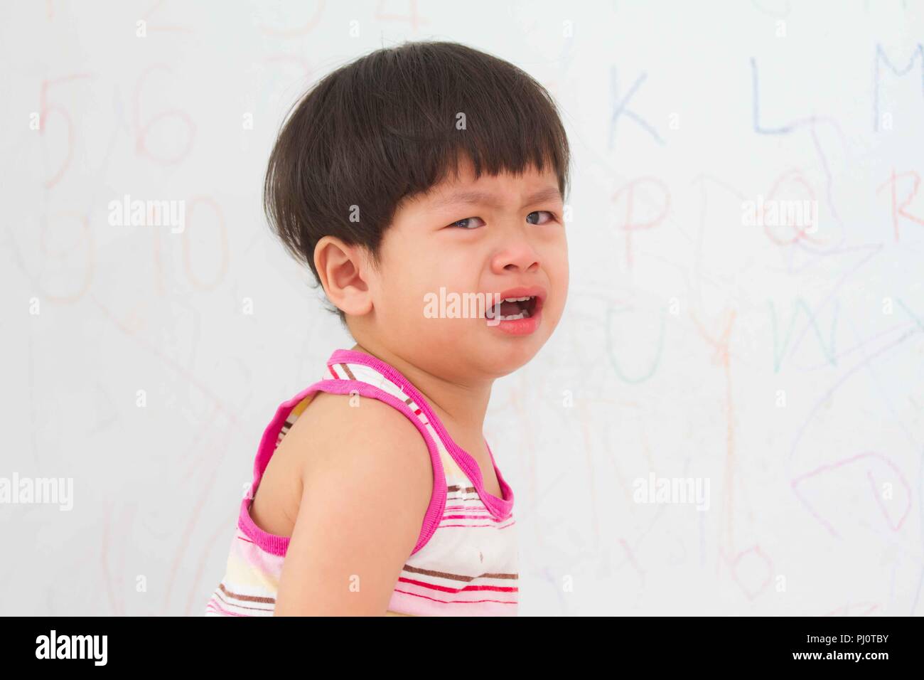 little boy crying on wall dry background, Stock Photo