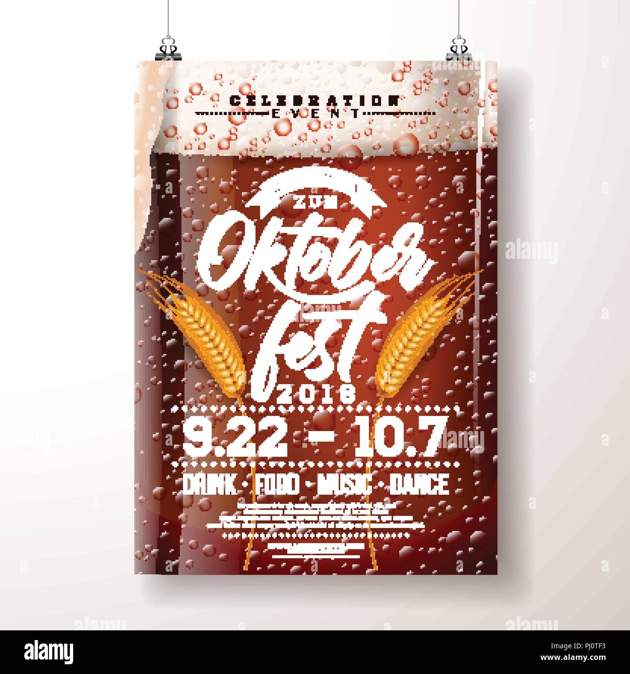 Oktoberfest party poster illustration with fresh dark beer and wheatear ...