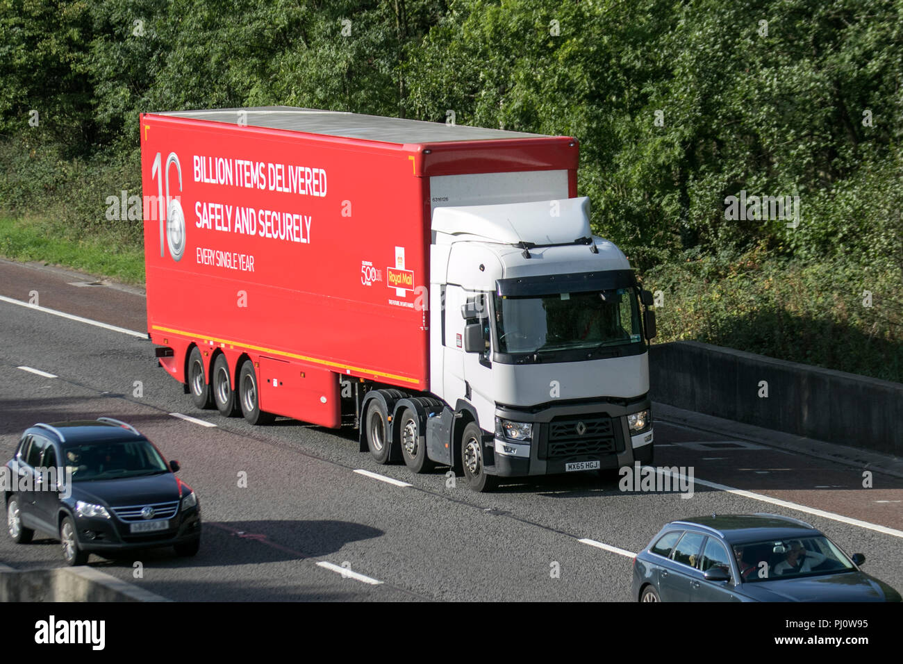 Royal Mail 2015 Renault Trucks T MX65HGJ commercial, haulage, freight transport distribution and logistics on the M6 at Lancaster, UK Stock Photo