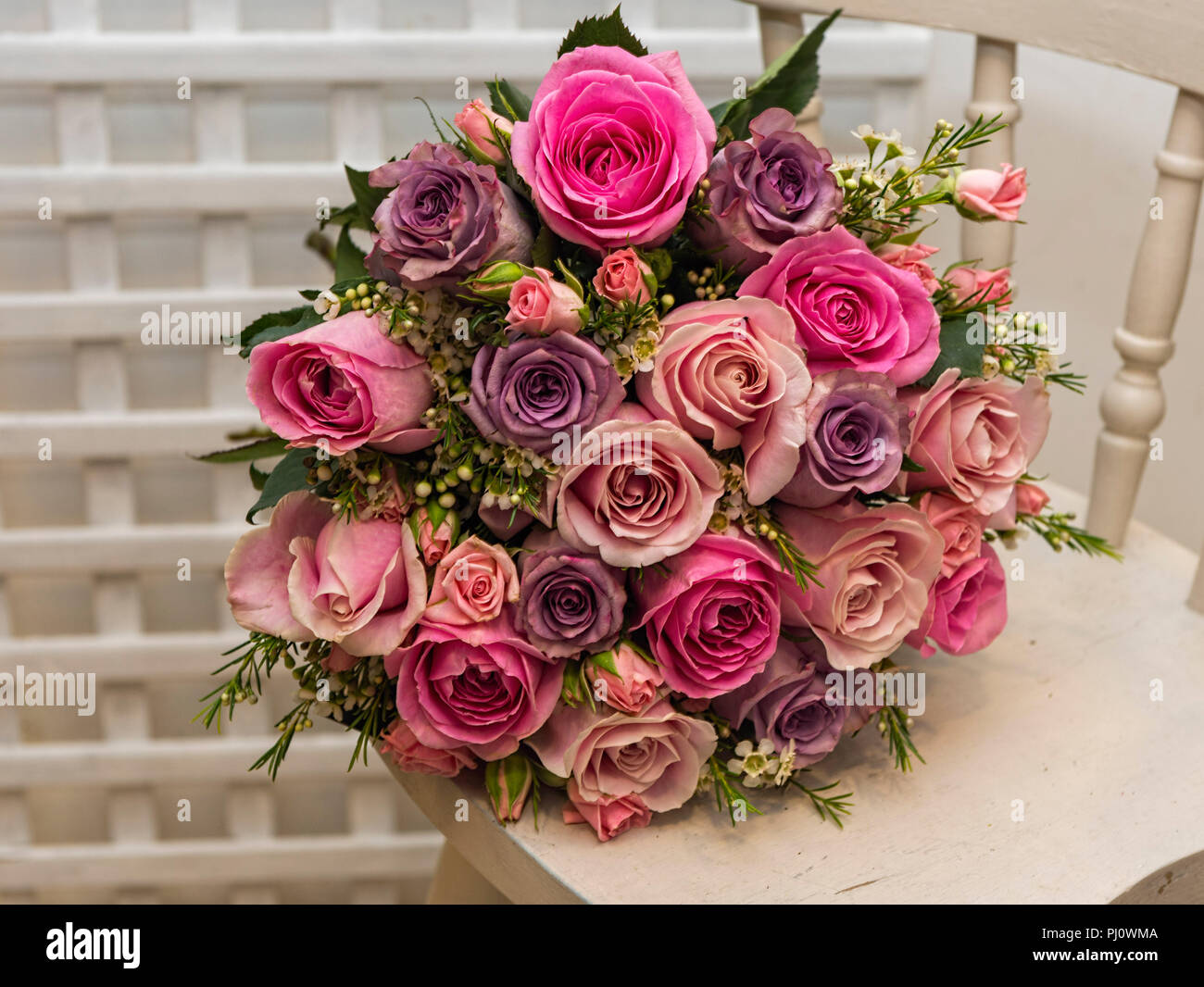 Bouquet of pink roses on an old chair against a white trellis ...