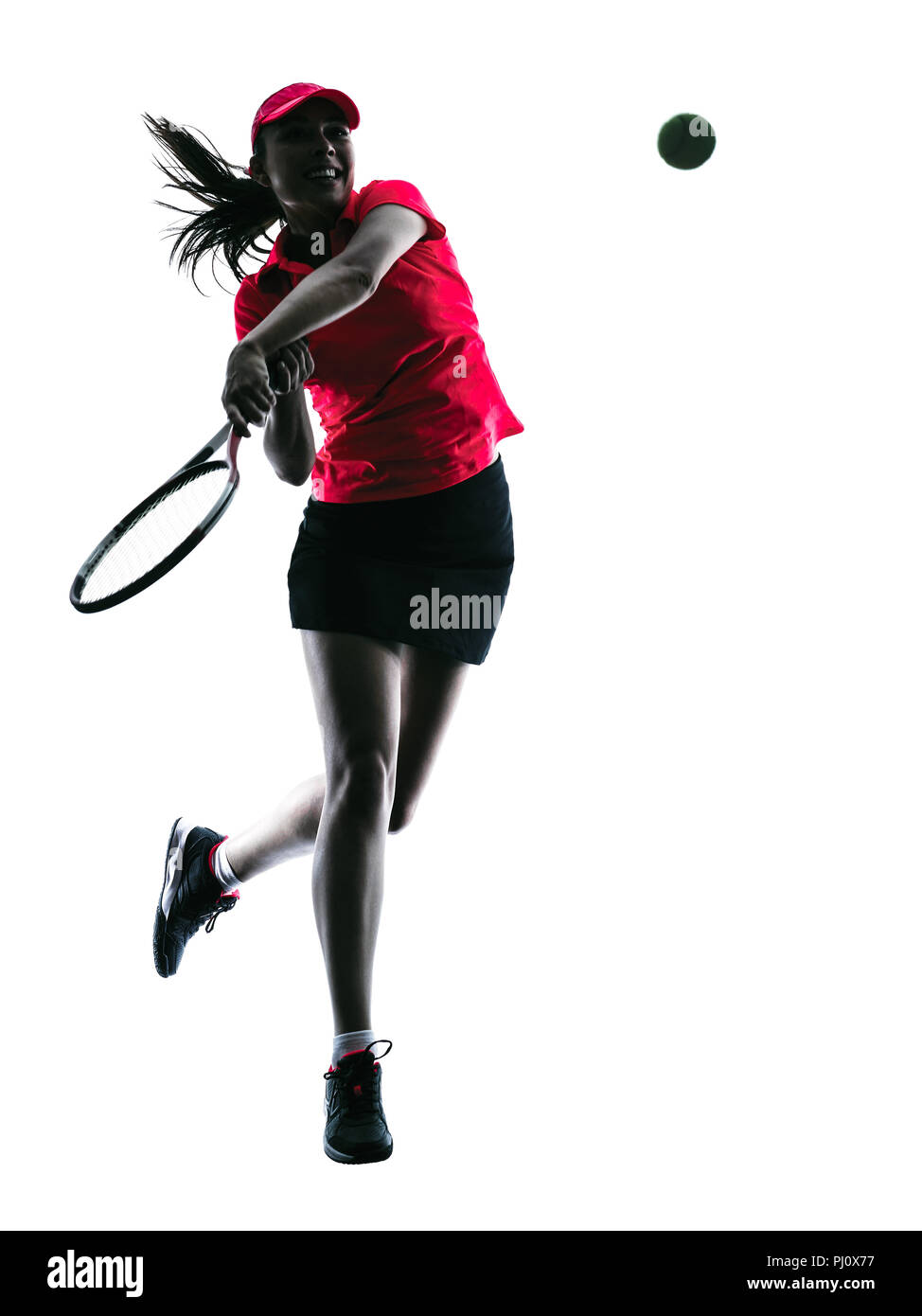 one woman tennis player sadness in studio silhouette isolated on white background Stock Photo