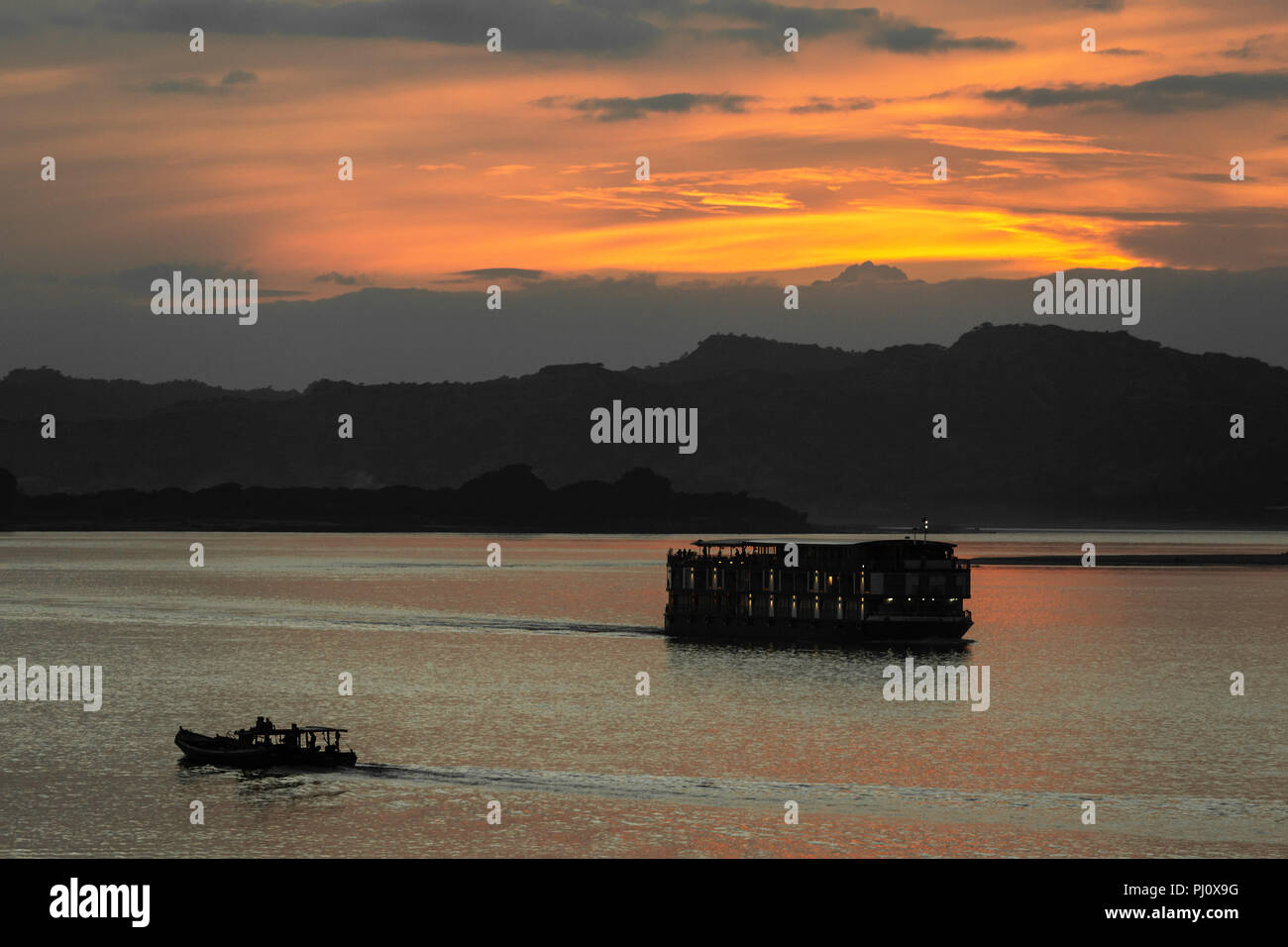 sunset on the Ayarwaddy River in Bagan Myanmar (Burma) Stock Photo